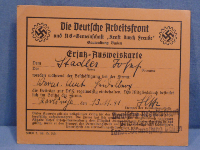 Original WWII German DAF Replacement ID Card, Ersatz-Ausweiskarte