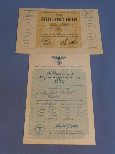 Original WWII German Donation Receipts, Textile/Old Clothes/Shoe Collections