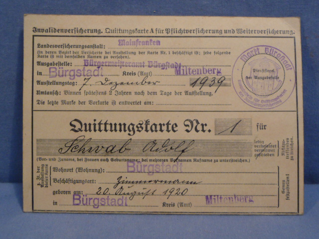Original WWII German Insurance Acknowledgment Card, Quittungskarte