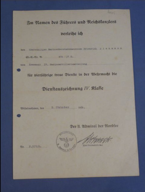 Original 1936 German Kriegsmarine Soldier's Armed Forces 4-Year Service Award Document