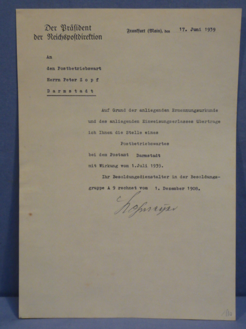 Original WWII German Letter to Postal Worker from The President of the Reichspostdirektion