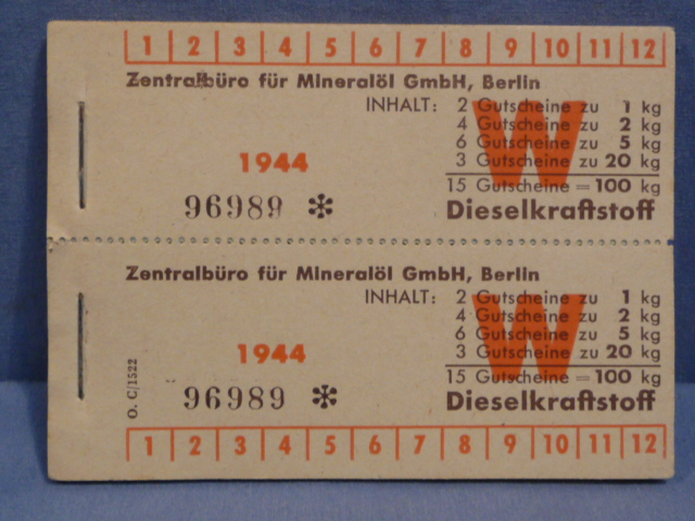 Original WWII German Wehrmacht Booklet of 30 Vouchers for Diesel Fuel, UNUSED!