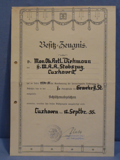 Original 1934-35 German Kriegsmarine Soldier's Marksman's Lanyard Award Document
