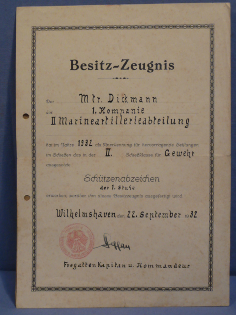 Original 1932 German Kriegsmarine Soldier's Marksman's Lanyard Award Document