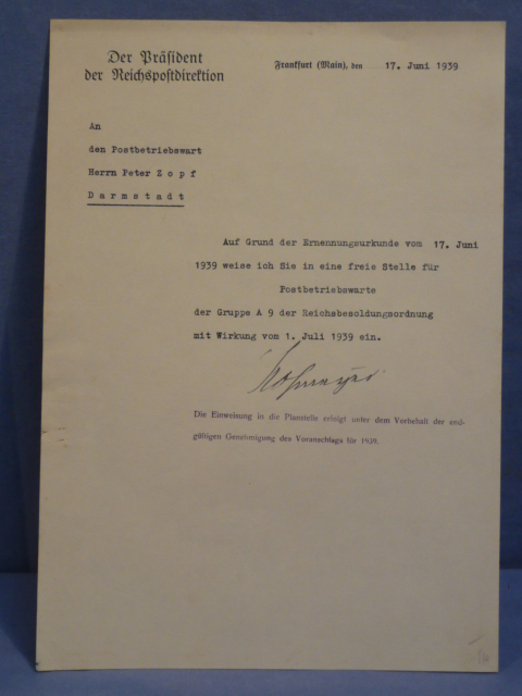 Original WWII German Letter to Postal Worker from The President of the Reichspostdirektion