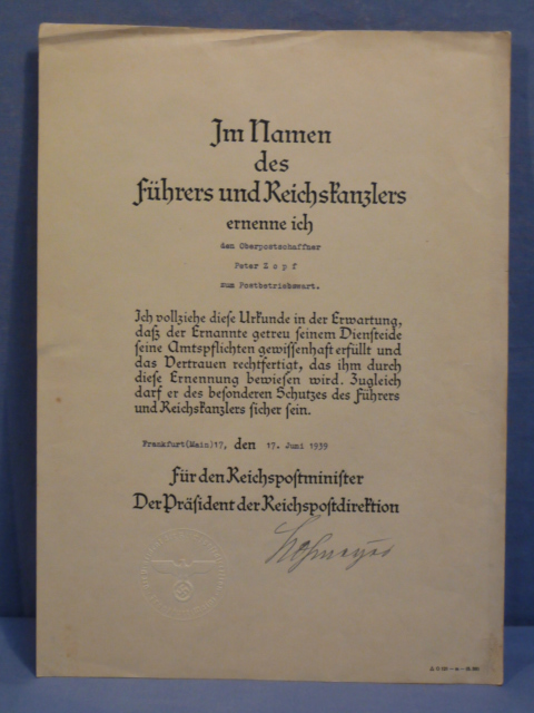 Original Nazi Era German Postal Worker's Promotion Document