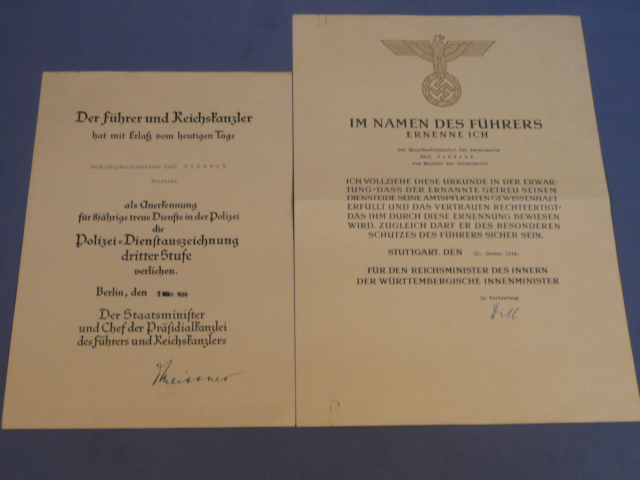 Original WWII German Police Officer's Promotion and Award Documents Set