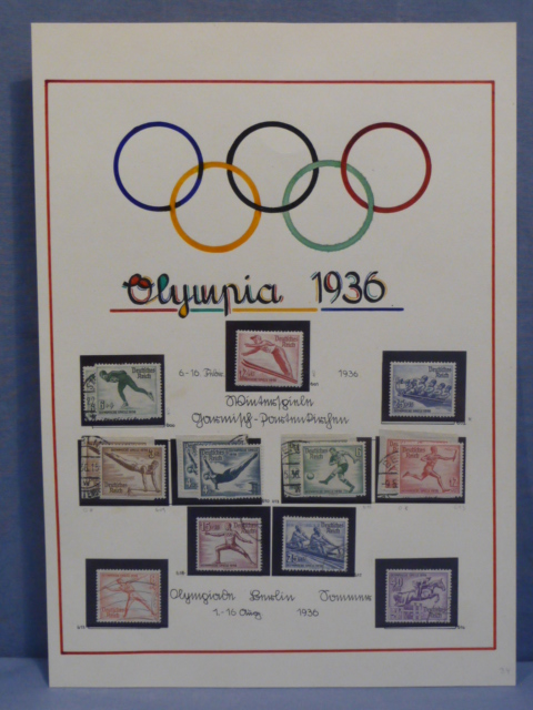 Original Nazi Era German Set of Olympics 1936 Postage Stamps, MOUNTED