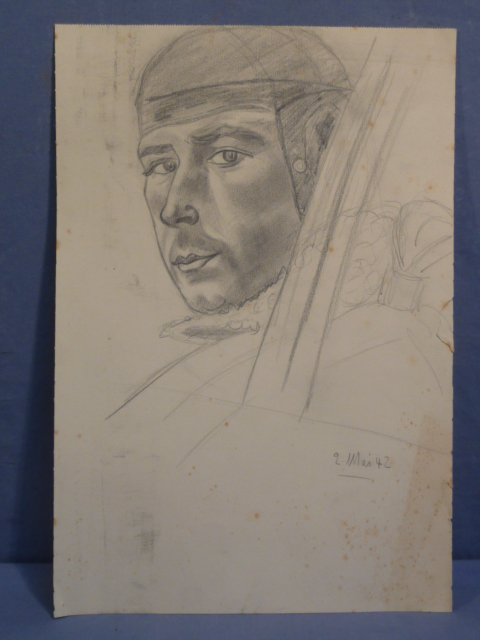 Original WWII German Large Pencil Drawing of LW Fighter Ace M�lders