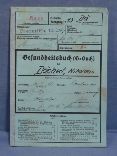 Original WWII German Heer (Army) Soldiers Medical Record, G-Buch