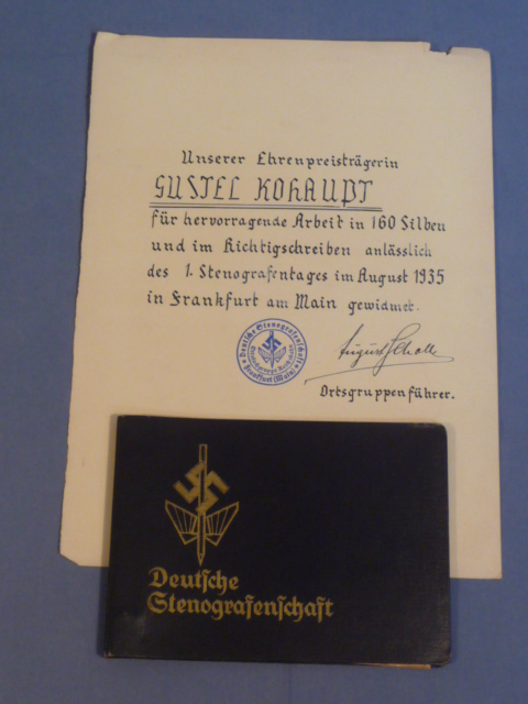 Original Nazi Era German Stenographer's ID Book and Award Document Set