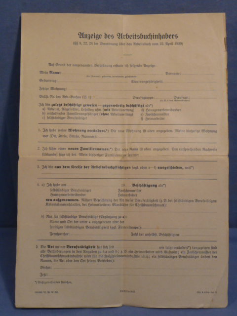 Original Nazi Era German RAD Member's Questionnaire, BLANK