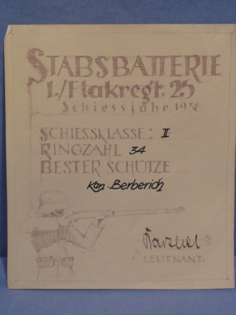 Original 1938 German Flak Regiment 25 Marksmanship Award Document
