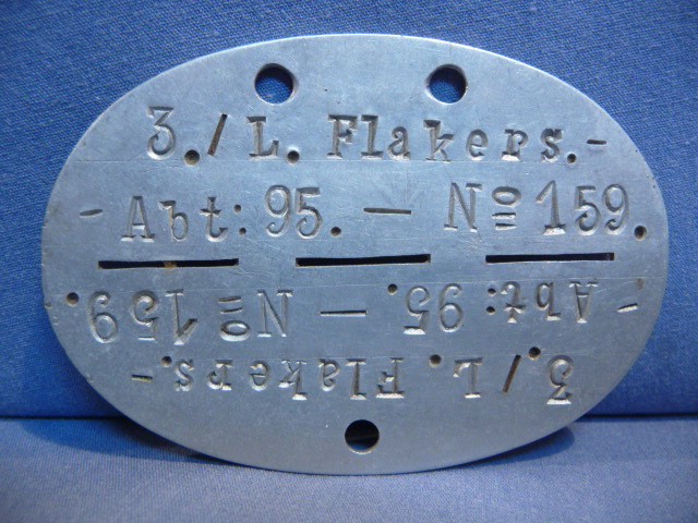 Original WWII German ID Tag (Erkennungsmarke), L. Flakers. Abt: 95