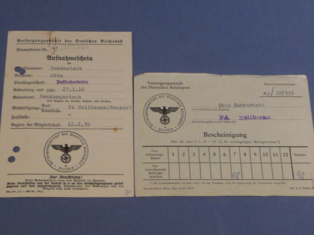 Original Nazi Era German Pension Institution of the Post Office Documents, Verorgungsanstalt
