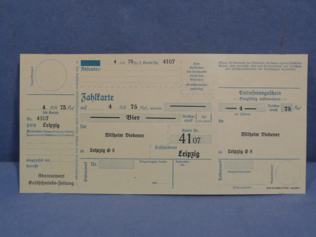Original Nazi Era German Payment Card for 4 RM 75 Rpf, Zahlkarte