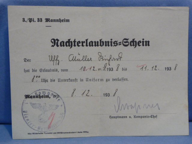 Original 1938 German Document to Soldier, Nachterlaubnis-Schein
