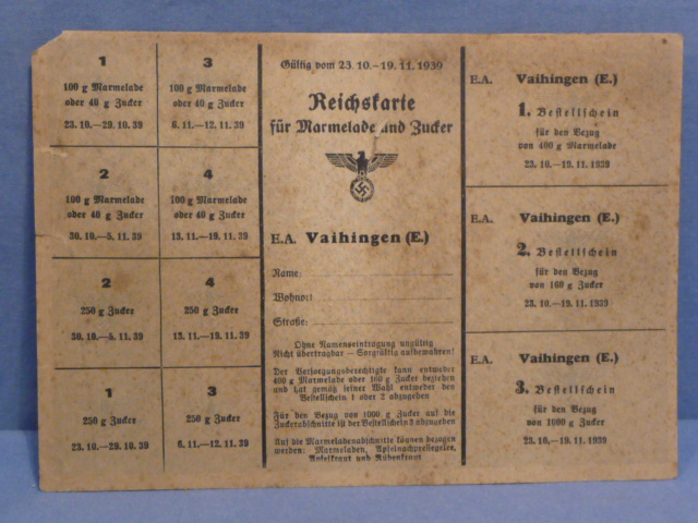 Original WWII German Civilian Marmalade & Sugar Ration Card, Marmelade und Zucker