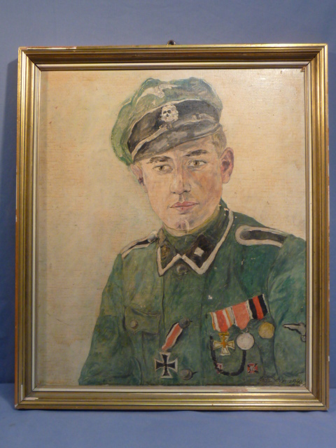 Original WWII German LARGE Framed Oil Painting, Decorated Waffen-SS NCO