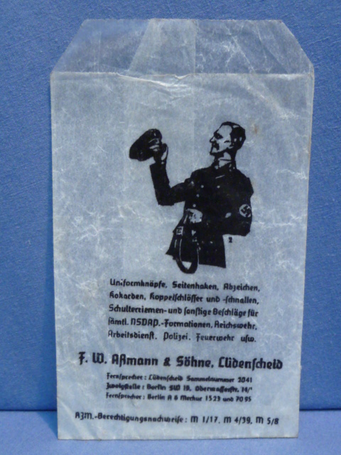Original Nazi Era German Assmann & Sons Glassine Advertising Envelope, Allgemeine SS!