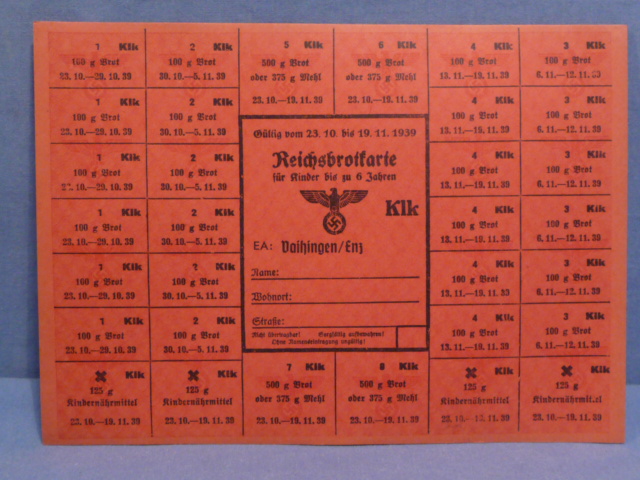 Original WWII German Civilian Bread Ration Card, Reichsbrotkarte