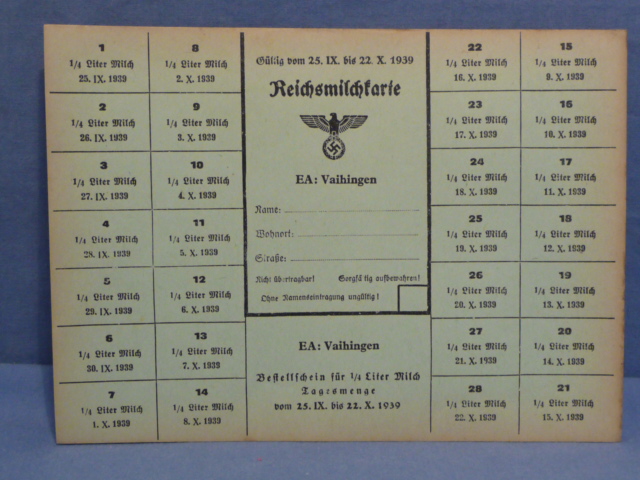 Original WWII German Civilian Milk Ration Card, Reichsmilchkarte