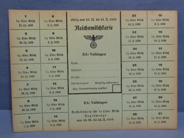 Original WWII German Civilian Milk Ration Card, Reichsmilchkarte