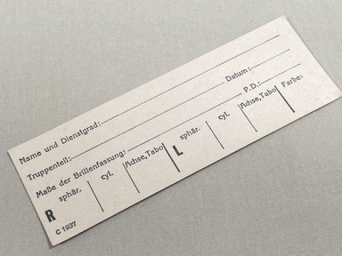 Original WWII German Military Eye Glasses Prescription Card, UNUSED