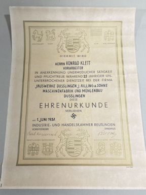 Original 1937 German Large Fancy 25 Years Service Award to Worker