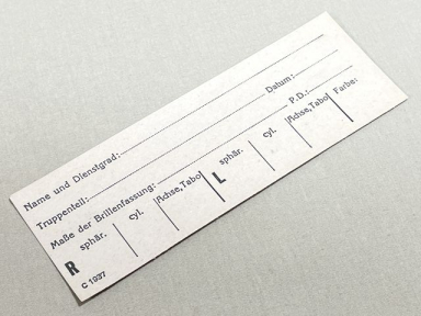 Original WWII German Military Eye Glasses Prescription Card, UNUSED