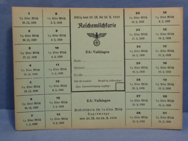 Original WWII German Civilian Milk Ration Card, Reichsmilchkarte