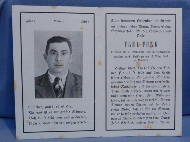 Original WWII German Civilian Remembrance Card, Killed March 15 1945