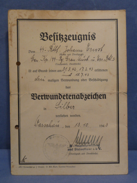 Original WWII German Silver Wound Badge Award Document to Waffen-SS Soldier