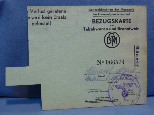 Original Nazi Era German Civilian Ration Card, Tabakwaren und Branntwein (Tobacco Products and Brand