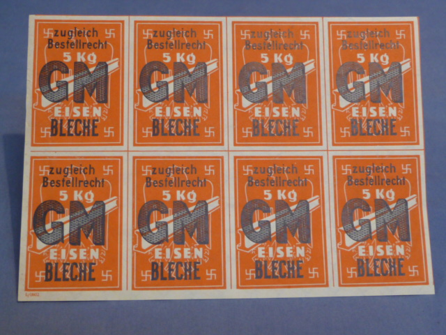 Original Nazi Era German Card of 8 Ration Tickets for Purchasing 5 KG of Iron Sheets