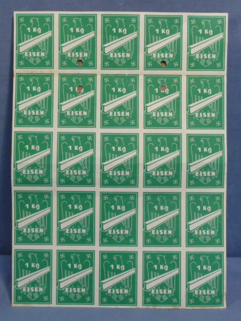 Original Nazi Era German Sheet of Ration Tickets for Purchasing Iron