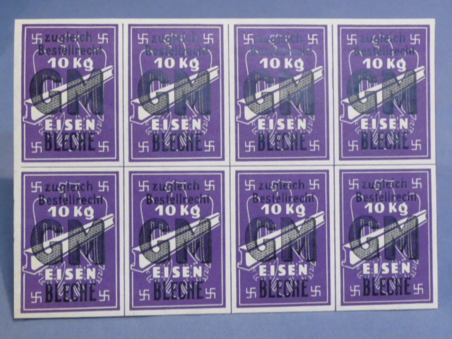 Original Nazi Era German Card of 8 Ration Tickets for Purchasing 10 KG of Iron Sheets