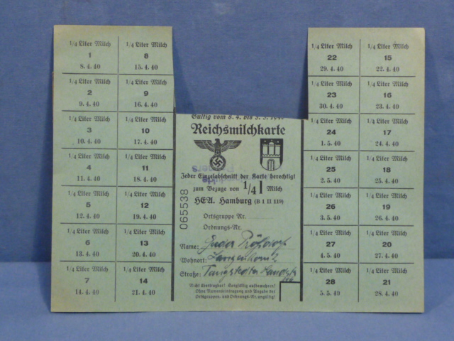 Original Nazi Era German Civilian Ration Card, Reichsmilchkarte (Reichs Milk Card)