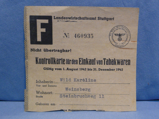 Original WWII German Control Card for Purchasing Tobacco Goods, Tabak waren.