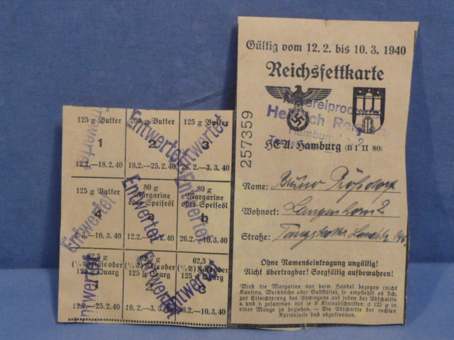 Original Nazi Era German Civilian Ration Card, Reichsfettkarte (Reichs Fat Card)