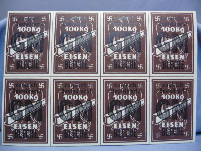 Original Nazi Era German Card of 8 Ration Tickets for Purchasing 100 KG of Iron Sheets