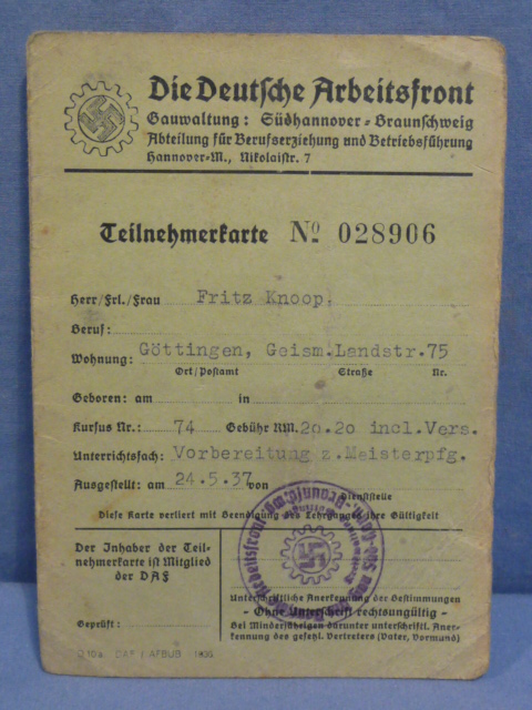 Original Nazi Era German DAF Membership/Dues Card