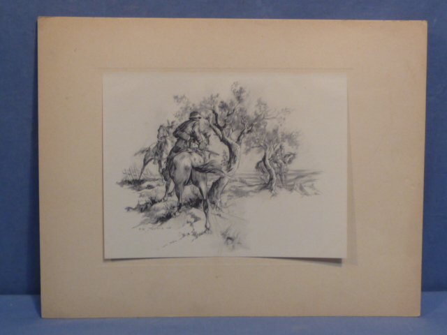 Original WWII German Print of a Fantastic Pencil Drawing, by a PK Soldier