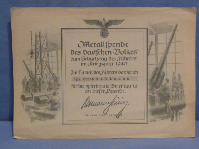 Original WWII German Metal Donation Document for 1940