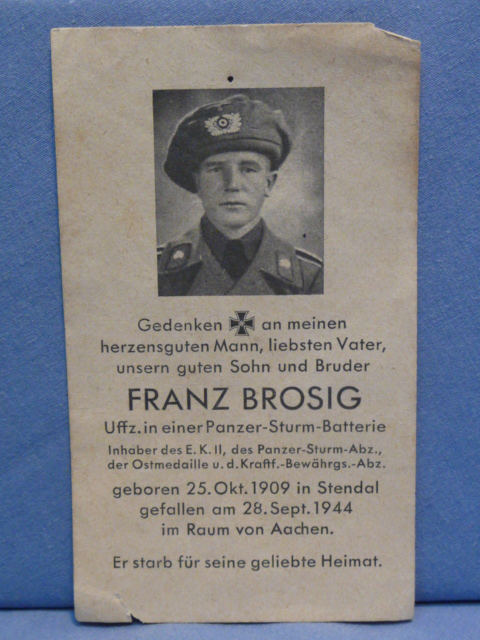Original WWII German Remembrance Card to NCO in an Assault Gun Battery