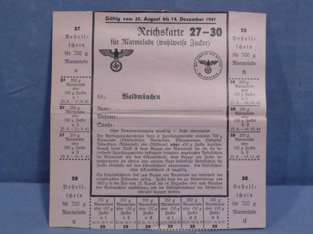Original Nazi Era German Civilian Ration Card for Marmalade and/or Sugar, Reichskarte (Reichs Card)