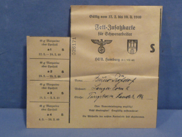 Original Nazi Era German Civilian Fat Ration Card for Heavy Workers, Fett Zusatzkarte