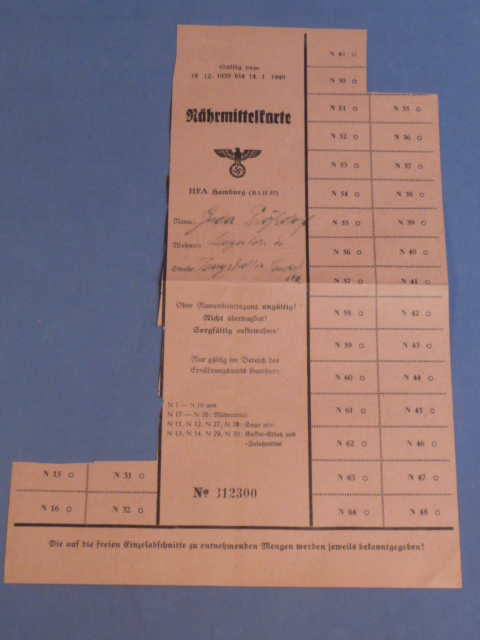 Original Nazi Era German Civilian Cafeteria Card, Nhrmittelkarte