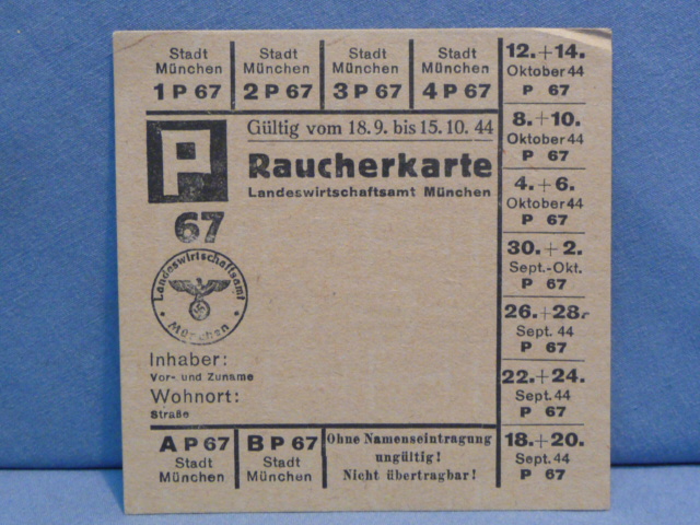 Original Nazi Era German Civilian Ration Card, Raucherkarte (Smoking Card)