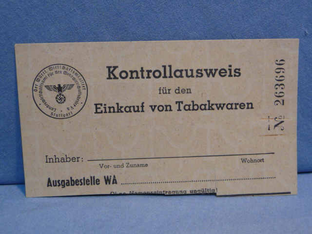 Original WWII German Control Card for Purchasing Tobacco Goods, Tabakwaren.